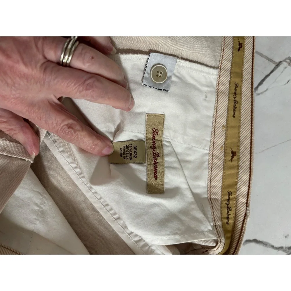 Tommy Bahama Mens 36x32 Linen Silk Herringbone Pleated Trousers Beige Pants